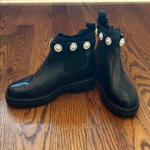 Copper Key Black Ankle Boots with Pearl Accents, W 7.5 , brand new
